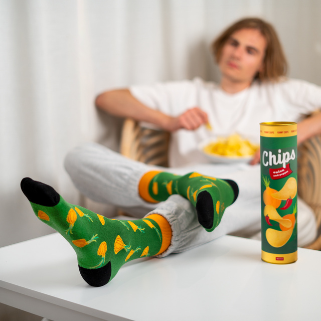  3 Paar von lustigen Socken mit Chipsmotiv in einzigartiger Verpackung | Damen-/Herrensocken | SOXO