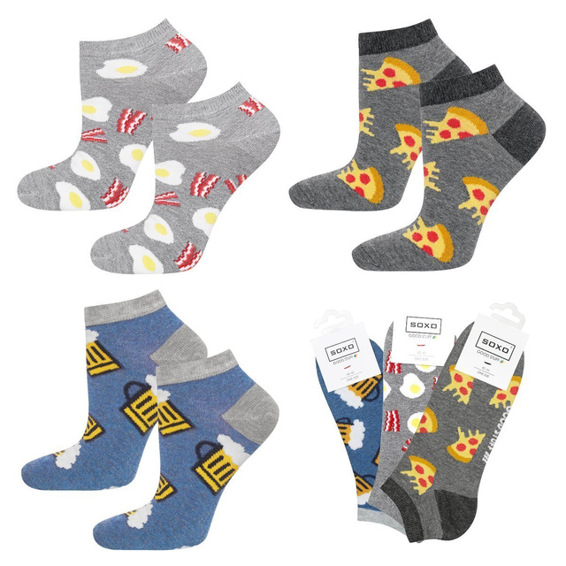  Set mit 3x lustigen Kurze Herrensocken Pizza + Bier + Ei mit Speck  | SOXO 