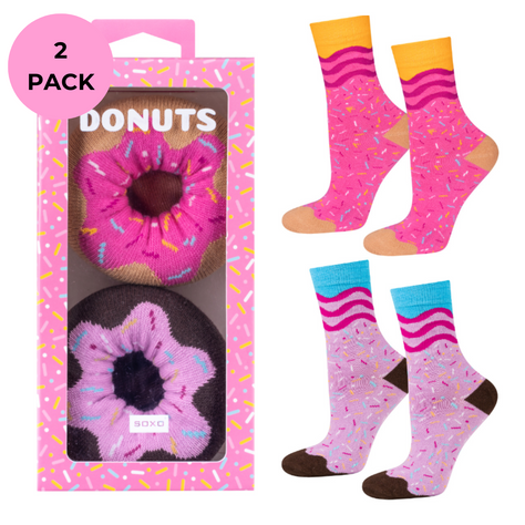 2 Paar von lustigen Socken mit Donutmotiv in einzigartiger Verpackung | Damensocken | SOXO