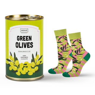 Socken mit Green Olives-Motiv in Dose