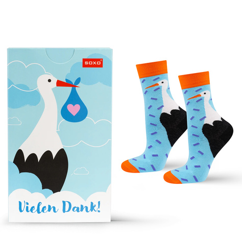 1 Paar von lustigen Socken mit Storchmotiv in einzigartiger Verpackung | Geschenk für die Hebamme | Damensocken | SOXO