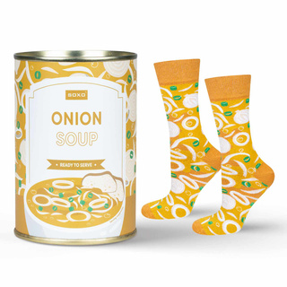 Socken mit Onion-Suppen-Motiv in Dose