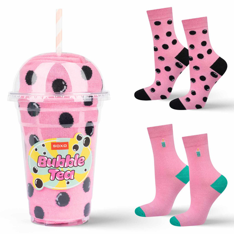 2 Paar von lustigen Socken mit Bubble Tea Motiv in einzigartiger Verpackung | Damen-/Herrensocken | SOXO