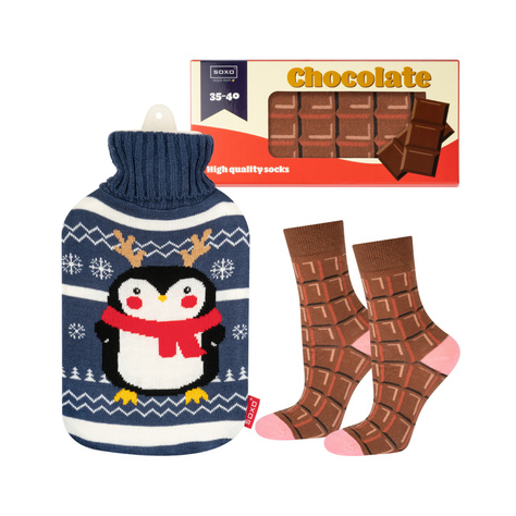 Damensocken Set SOXO Schokoriegel und Weihnachts Wärmflasche Pinguin | Weihnachtsgeschenk