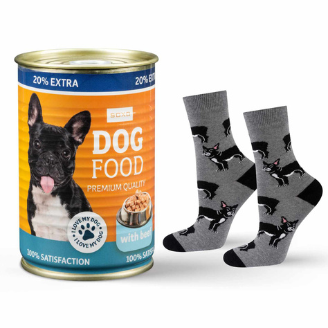 1 Paar von lustigen Socken mit Buldogmotiv in einzigartiger Verpackung | Damen-/Herrensocken | SOXO