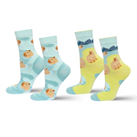 2 Paar von lustigen Socken mit Capybara im Wasser-Motiv | Damen-/Herrensocken | SOXO