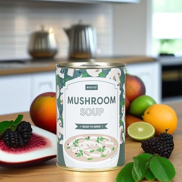 Socken mit Mushroom Suppen-Motiv in Dose