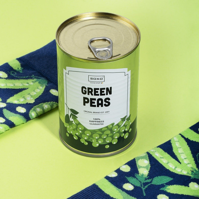 Socken mit Green-Peas-Motiv in Dose