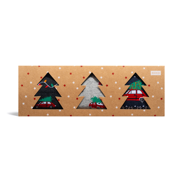 3 Paare von lustige Socken mit Weihnachtsautos-Motiv in einzigartiger Verpackung | Herrensocken | SOXO