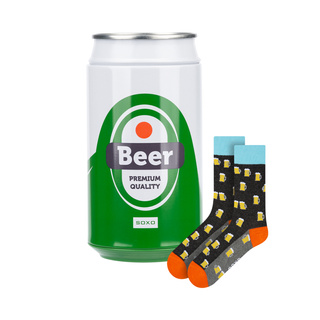 Socken mit Bier-Motiv in Dose