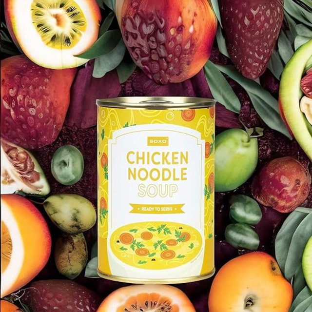Socken mit Chicken Noodle Suppen-Motiv in Dose
